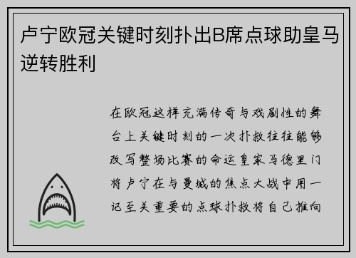 卢宁欧冠关键时刻扑出B席点球助皇马逆转胜利